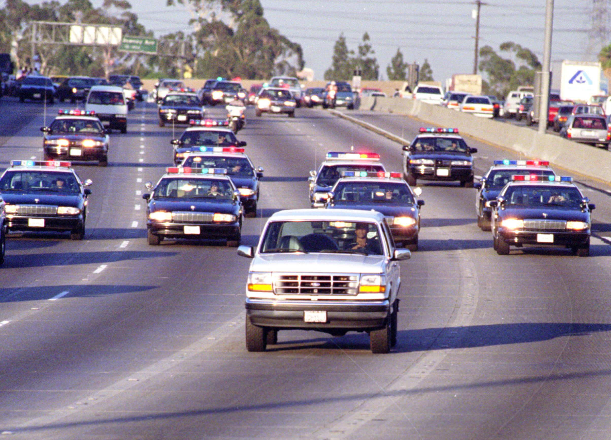 <i>Allen J. Schaben/Los Angeles Times/Getty Images via CNN Newsource</i><br/>California Highway Patrol chase Al Cowlings (driving) and O.J. Simpson
