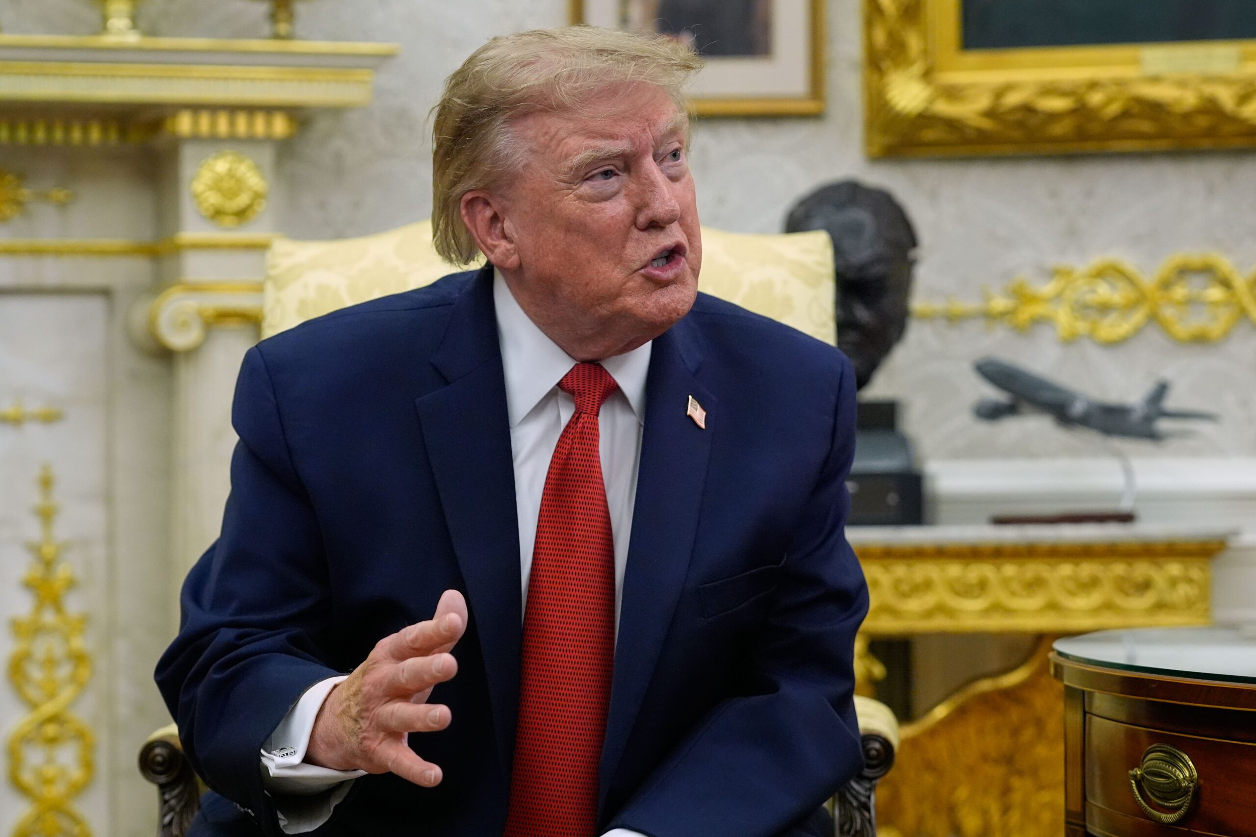 <i>Manuel Balce Ceneta/AP via CNN Newsource</i><br/>President Donald Trump speaks as he meets with lifeguard Ryder Williams in the Oval Office of the White House