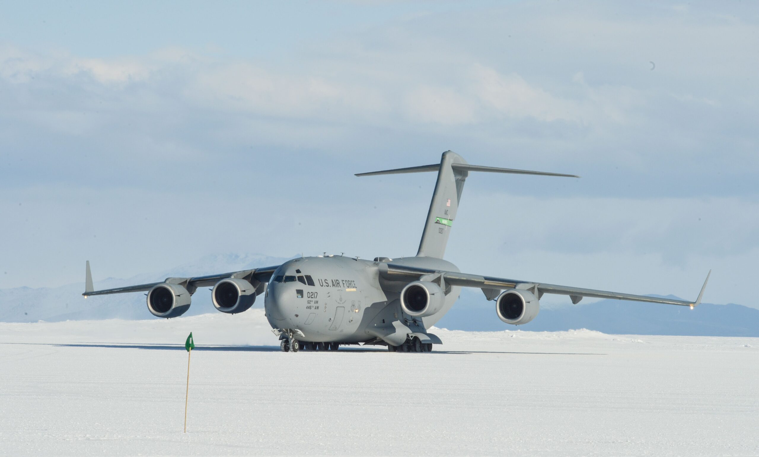 <i>Senior Chief Petty Officer RJ St/Pacific Air Forces via CNN Newsource</i><br/>A Globemaster III from the 304th Expeditionary Airlift Squadron taxis at Phoenix Field at McMurdo Station