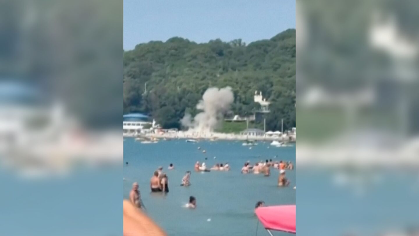 <i>Social Media/Reuters via CNN Newsource</i><br/>This screenshot from a video shows moment of drone striking Russian beach