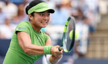 Alexandra Eala of the Philippines returns a shot during the women's singles championship match against Jessica Pegula in Washington