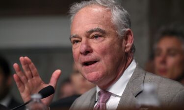 Sen. Tim Kaine speaks during a Senate Armed Services Committee hearing in the Dirksen Senate Office Building on Capitol Hill on May 14.