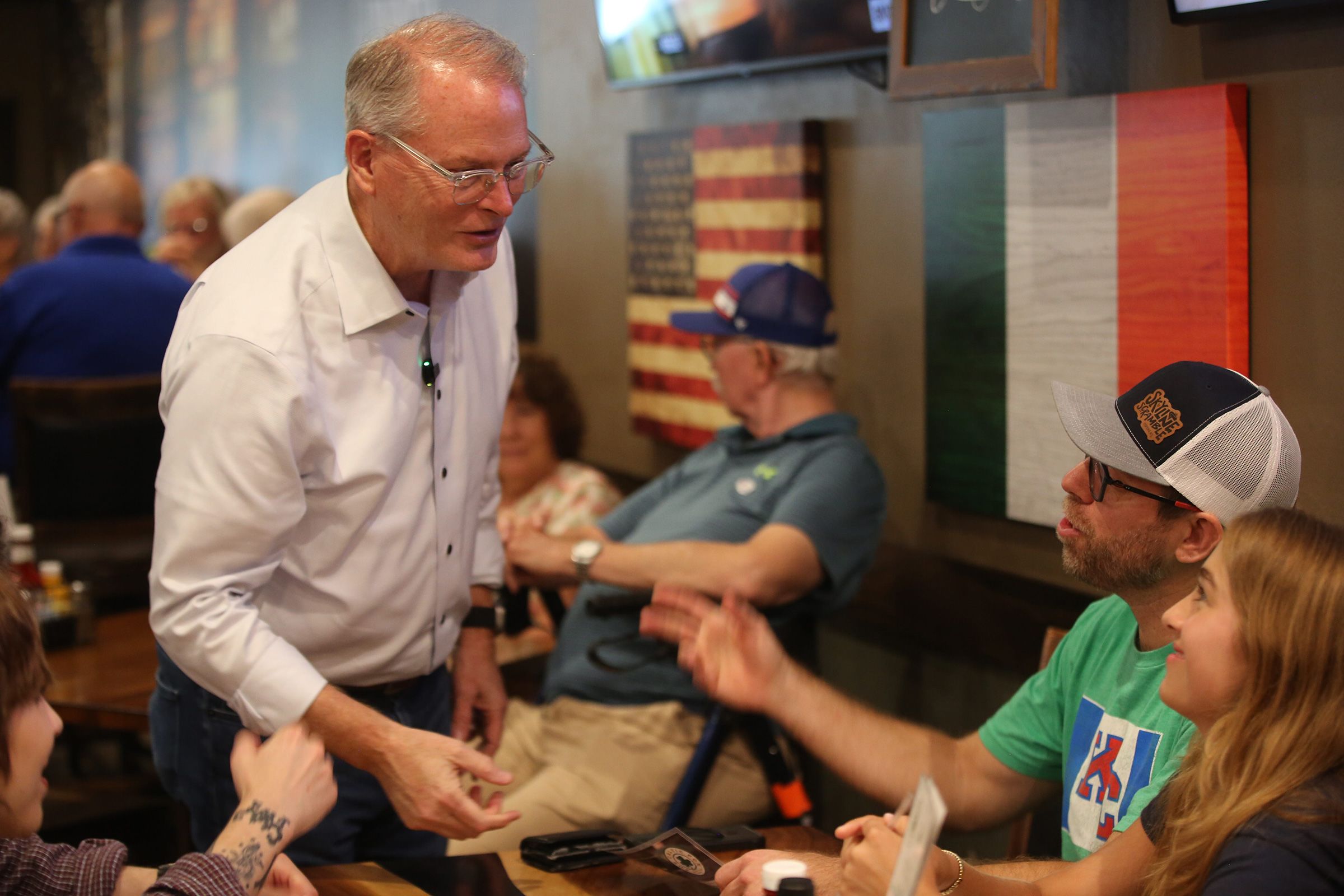 <i>Jason Alatidd/The Capital-Journal/USA Today Network/Imagn via CNN Newsource</i><br/>Adam Hamilton speaks during a campaign stop at Celtic Fox in Topeka