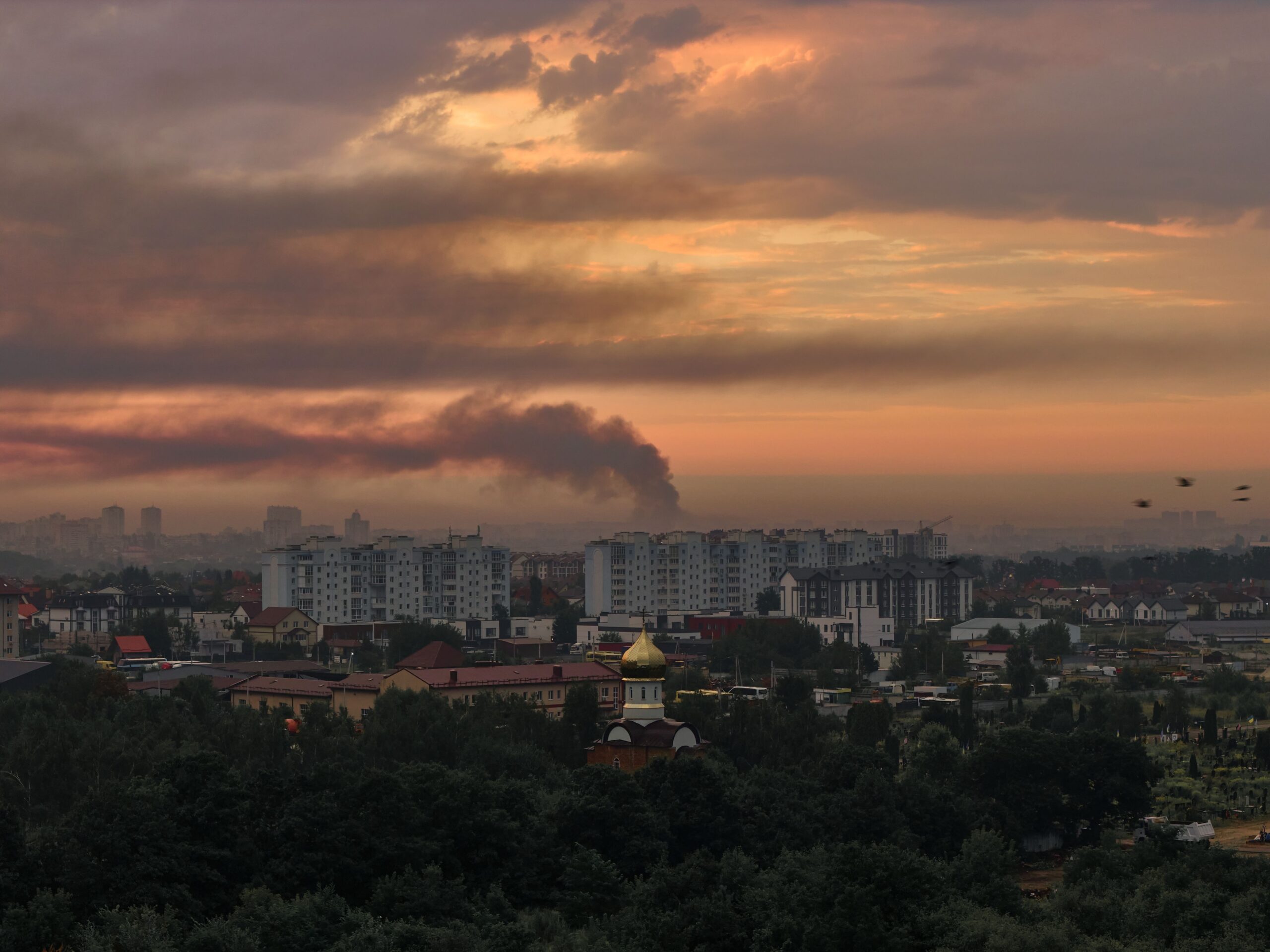 <i>Libkos/Getty Images via CNN Newsource</i><br/>An aerial view shows a fire burning at a logistics warehouse on the outskirts of Kyiv following a Russian ballistic missile attack in Kyiv