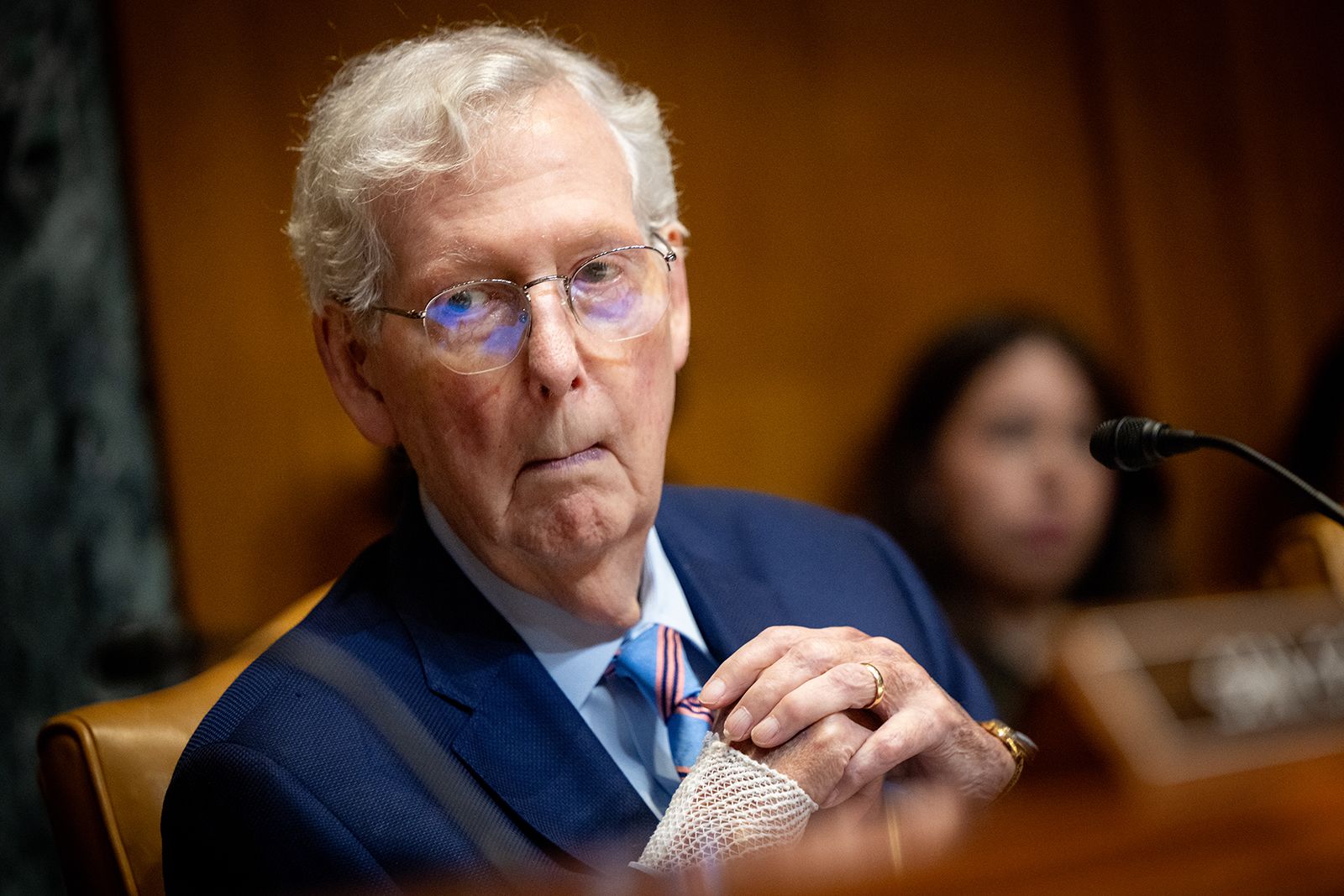 <i>Nathan Posner/Anadolu/Getty Images via CNN Newsource</i><br/>Sen. Mitch McConnell is seen during a budget hearing at the Dirksen Senate Office Building on May 19.