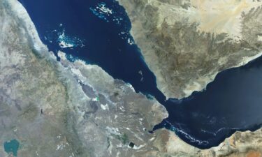 A satellite view of the Bab el-Mandeb Strait is a vital trade route linking the Red Sea