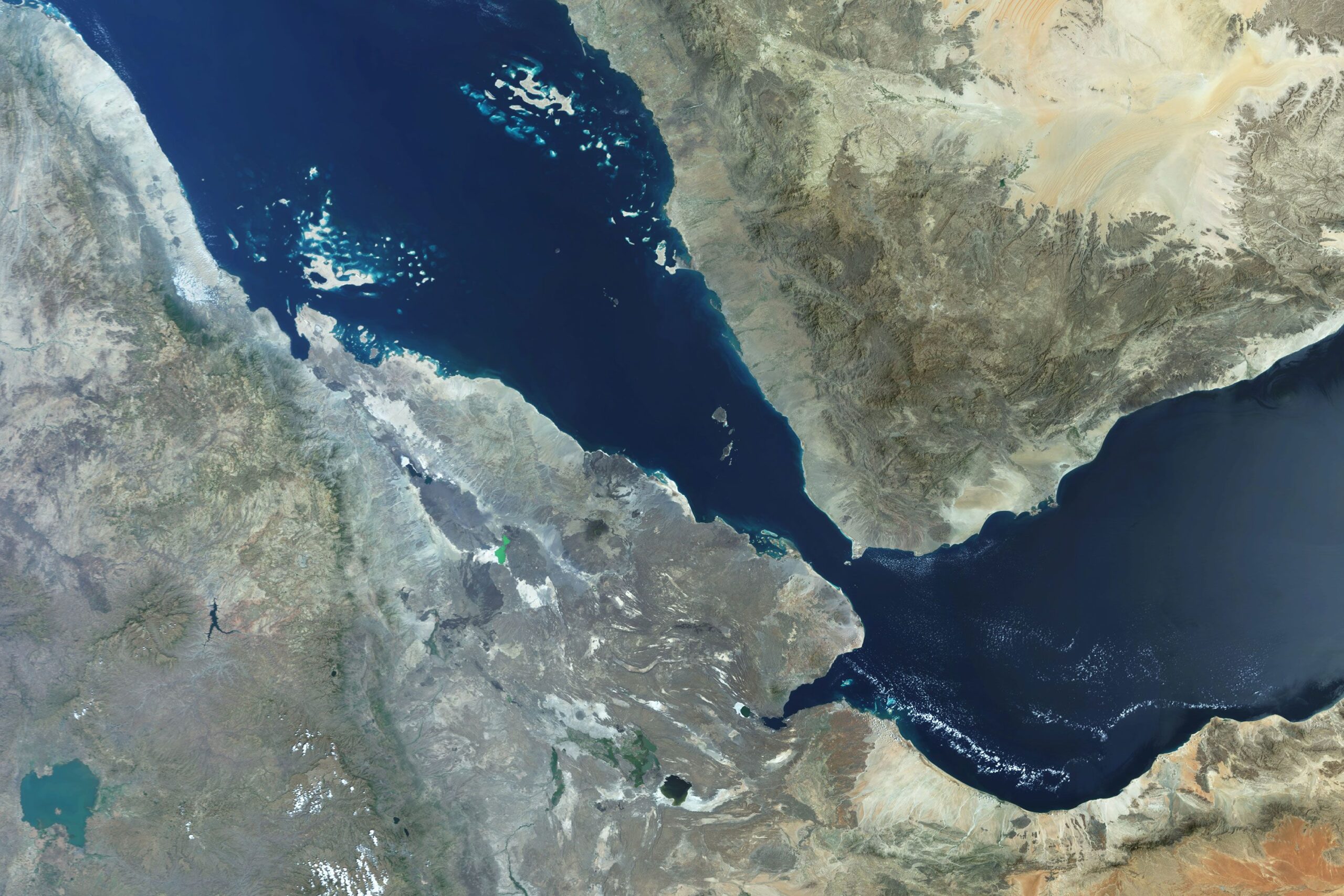 <i>Gallo Images/Getty Images/File via CNN Newsource</i><br/>A satellite view of the Bab el-Mandeb Strait is a vital trade route linking the Red Sea