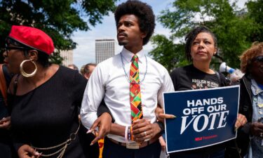 Tennessee state Rep. Justin Pearson marches to the Tennessee state capital building in Nashville