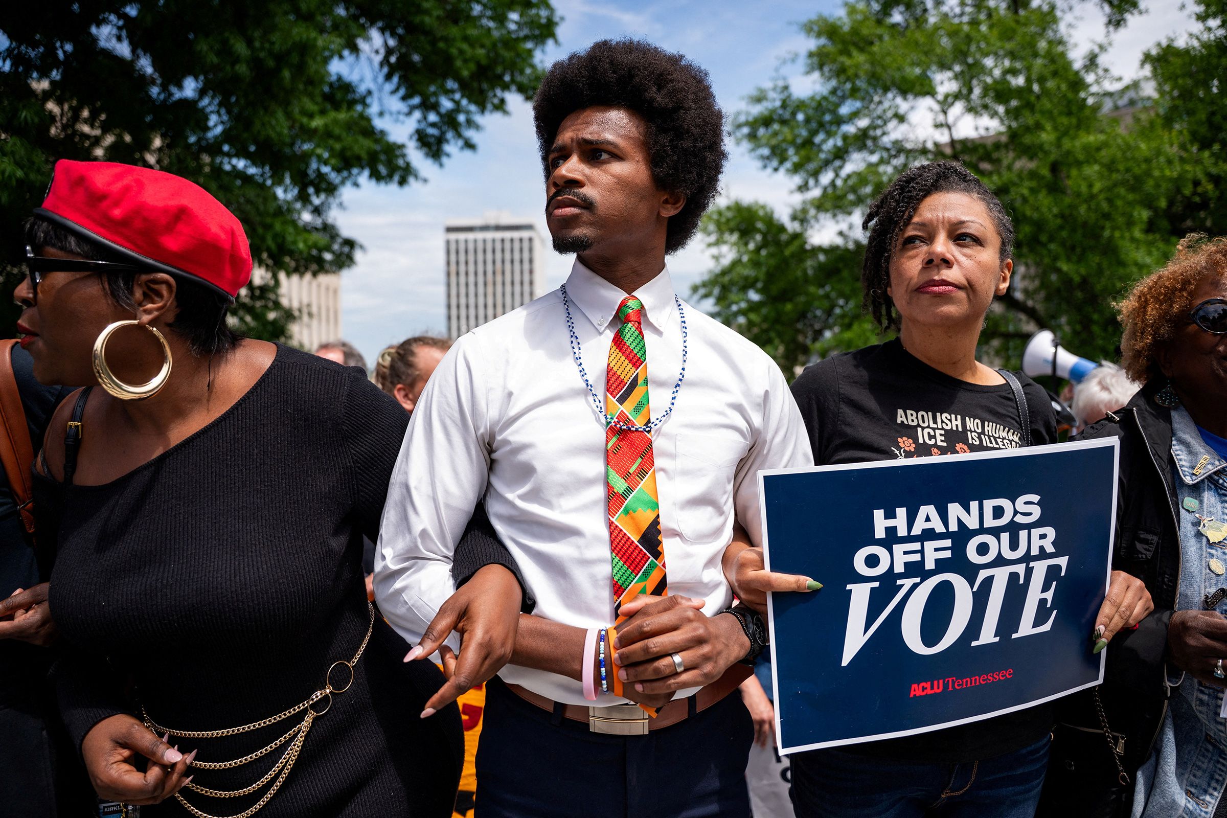 <i>Seth Herald/Reuters via CNN Newsource</i><br/>Tennessee state Rep. Justin Pearson marches to the Tennessee state capital building in Nashville