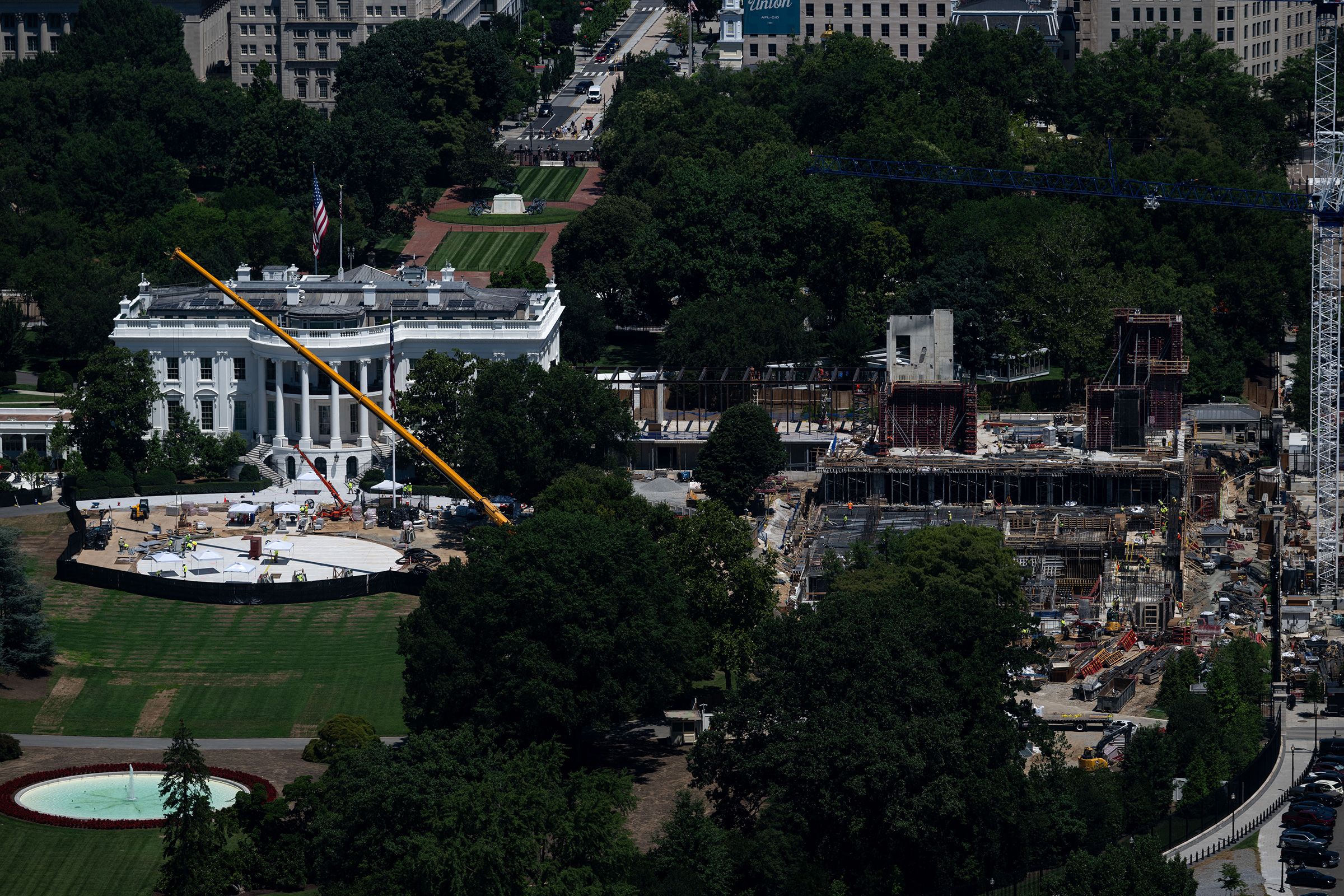 <i>Kent Nishimura/AFP/Getty Images via CNN Newsource</i><br/>A view of the ongoing construction of a helipad and ballroom at the White House