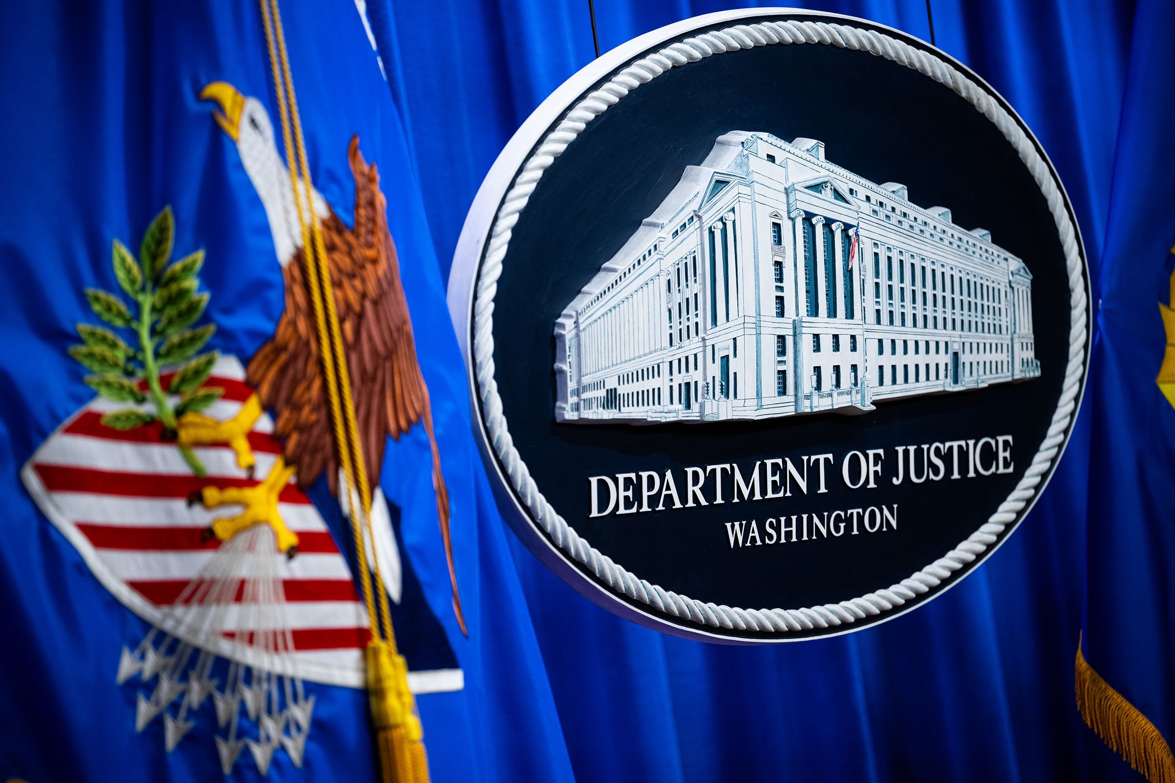 <i>Graeme Sloan/Bloomberg/Getty Images via CNN Newsource</i><br/>Signage at the Department of Justice in Washington