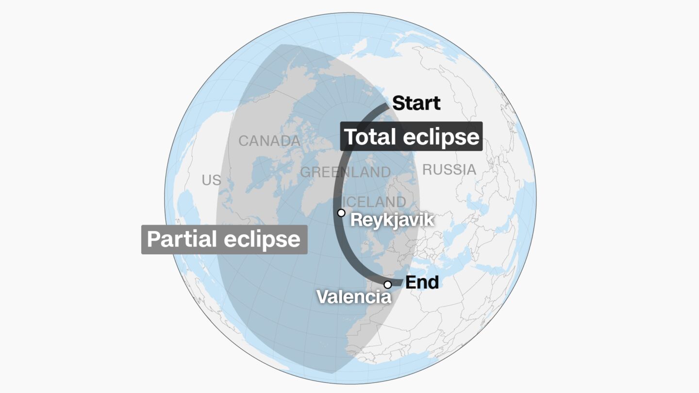 <i>CNN via CNN Newsource</i><br/>The path of the August 12 total solar eclipse.