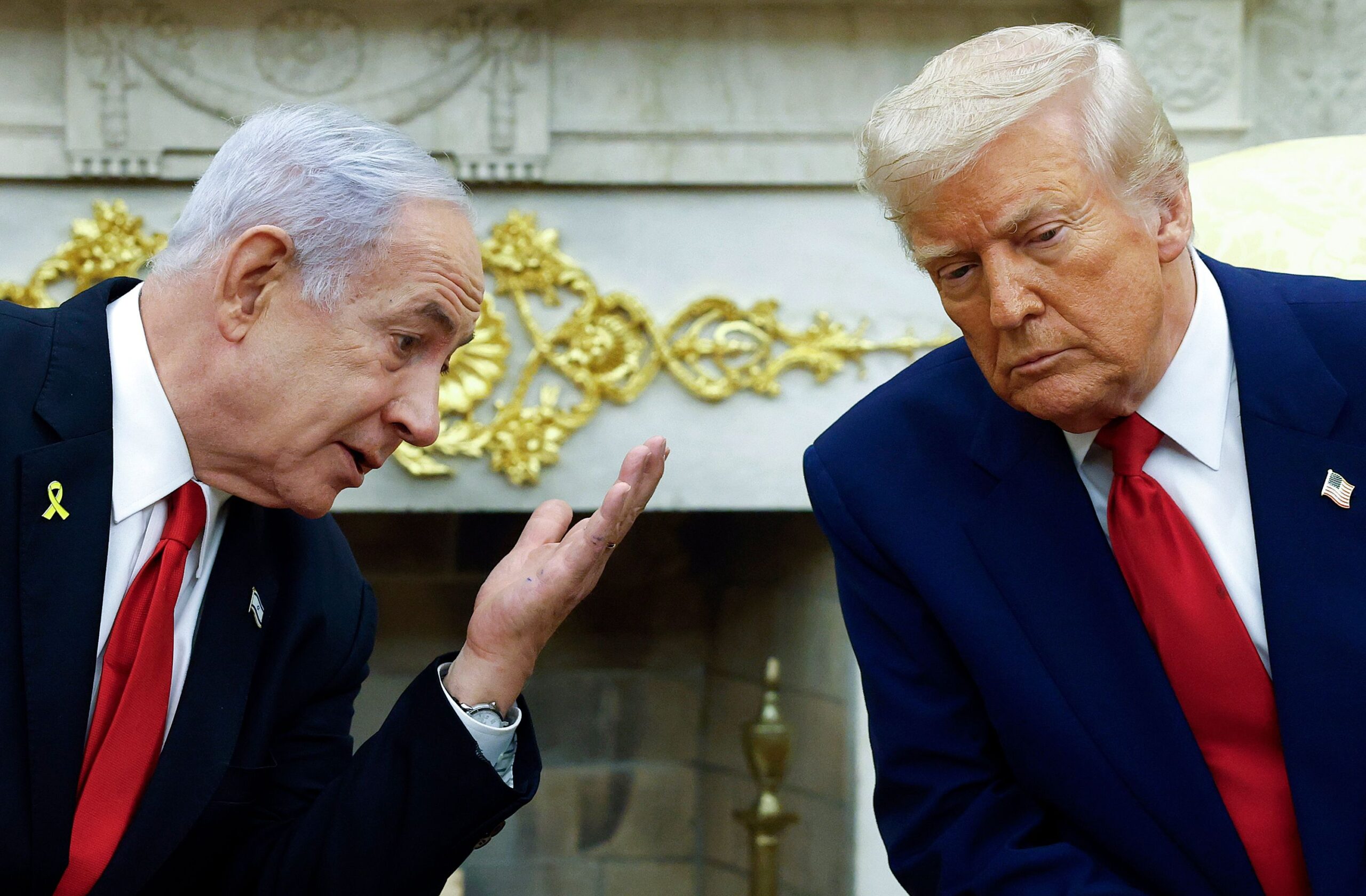 <i>Kevin Dietsch/Getty Images via CNN Newsource</i><br/>Israeli Prime Minister Benjamin talks to US President Donald Trump during a meeting in the Oval Office of the White House on April 7