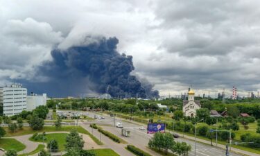 Smoke rises from an oil refinery following a Ukrainian drone attack in Moscow
