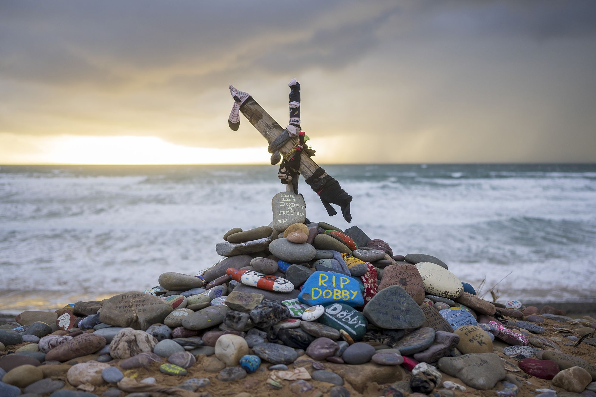 <i>Matthew Horwood/Getty Images via CNN Newsource</i><br/>The memorial for Dobby on Freshwater West beach in Wales has been saved from destruction.