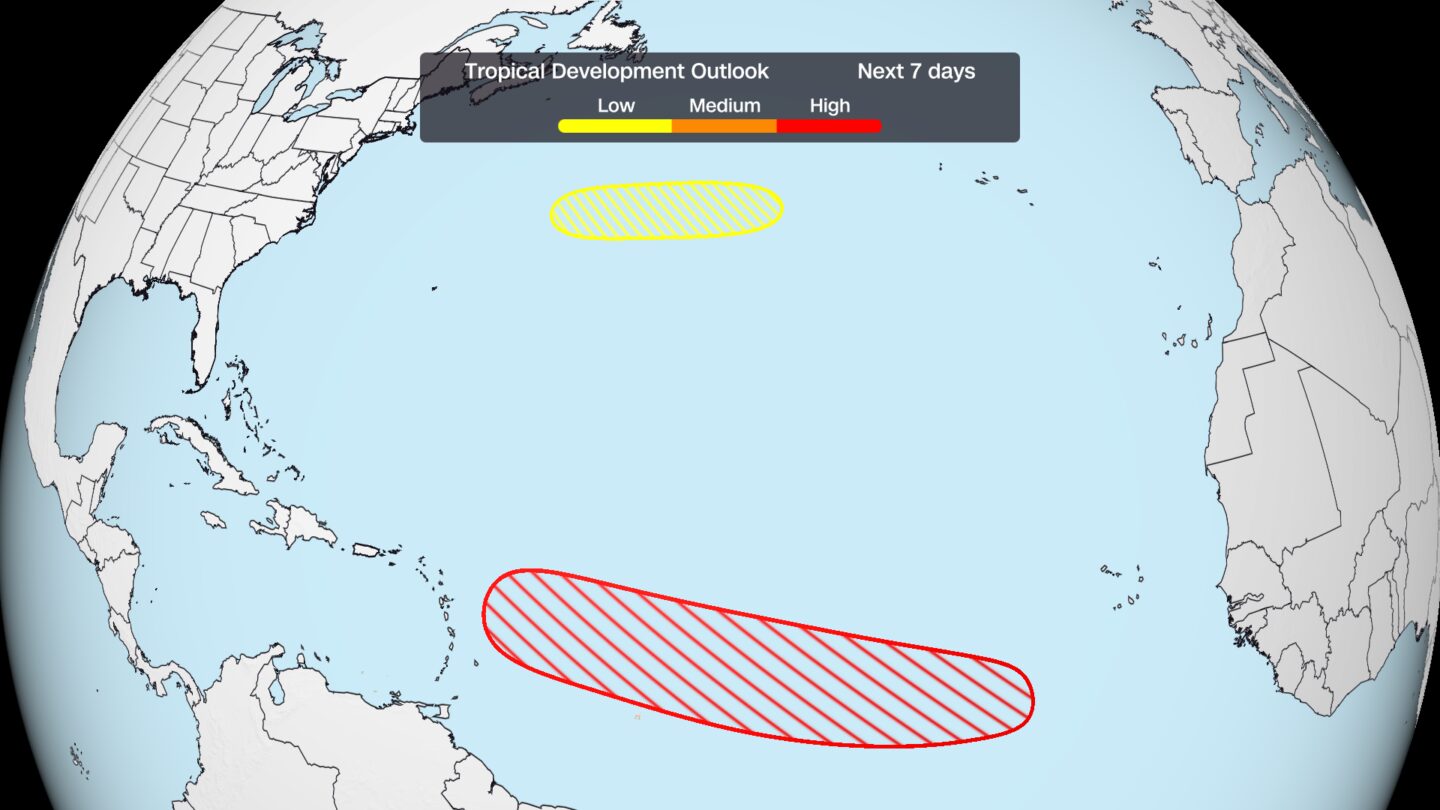 <i>CNN Weather via CNN Newsource</i><br/>Areas where tropical development is possible in the coming days are highlighted above. The red area over the Atlantic's main development region is the most concerning.