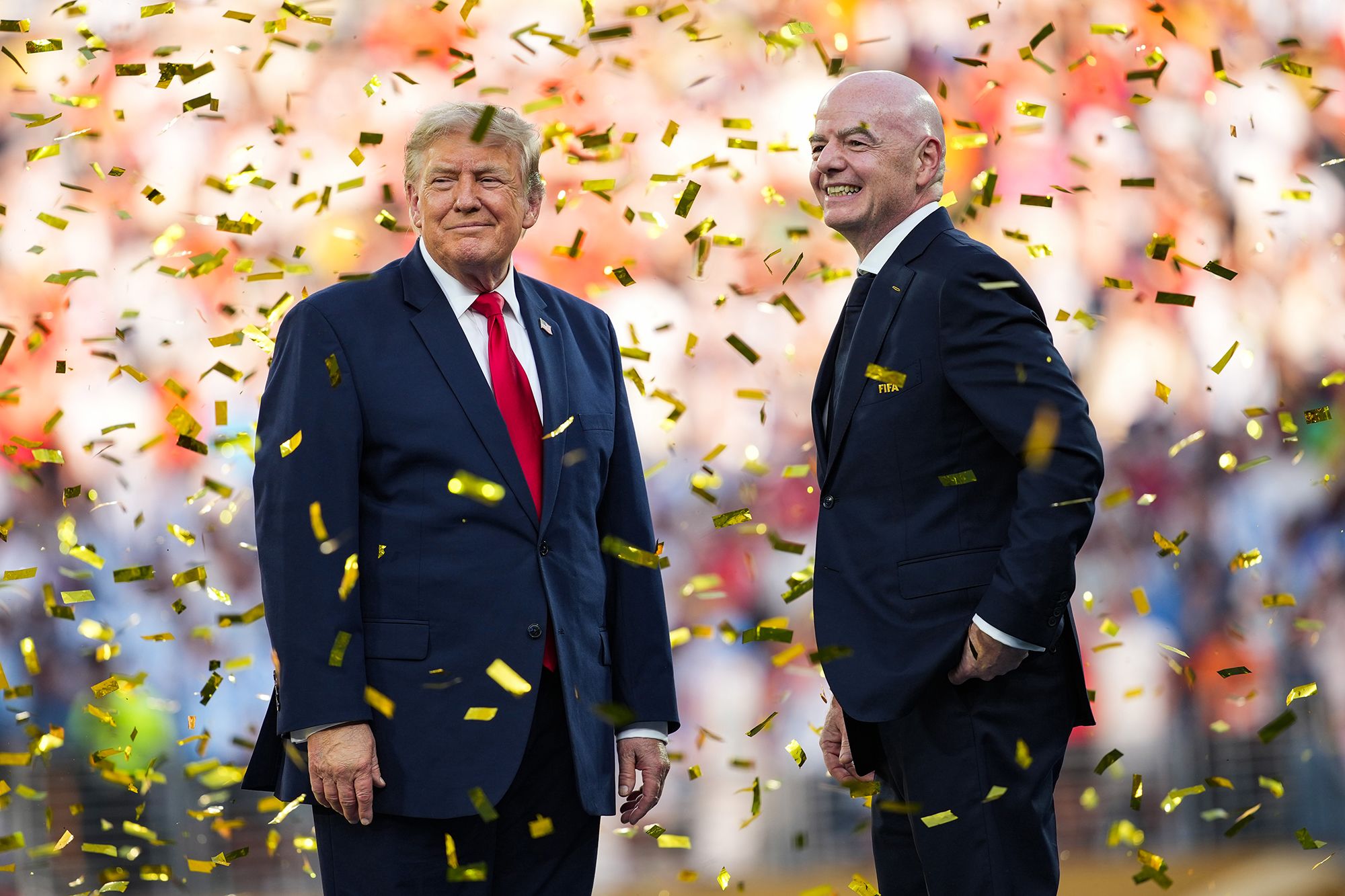 <i>Chip Somodevilla/Getty Images via CNN Newsource</i><br/>Infantino shows Trump the men's World Cup Trophy in the Oval Office as Vice President JD Vance looks on.