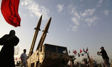 Zolfaghar and Qadr missiles are displayed at Azadi Square in Tehran