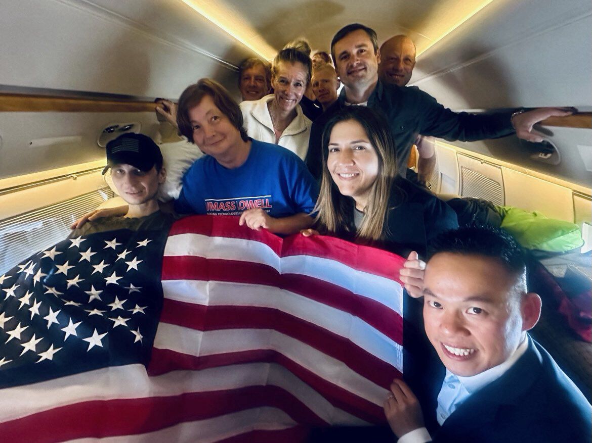 <i>X/@SEPeaceMissions via CNN Newsource</i><br/>Special Envoy Steve Witkoff greets Robert Gilman on arrival in the US after the US Marine veteran was released from detention in Russia.