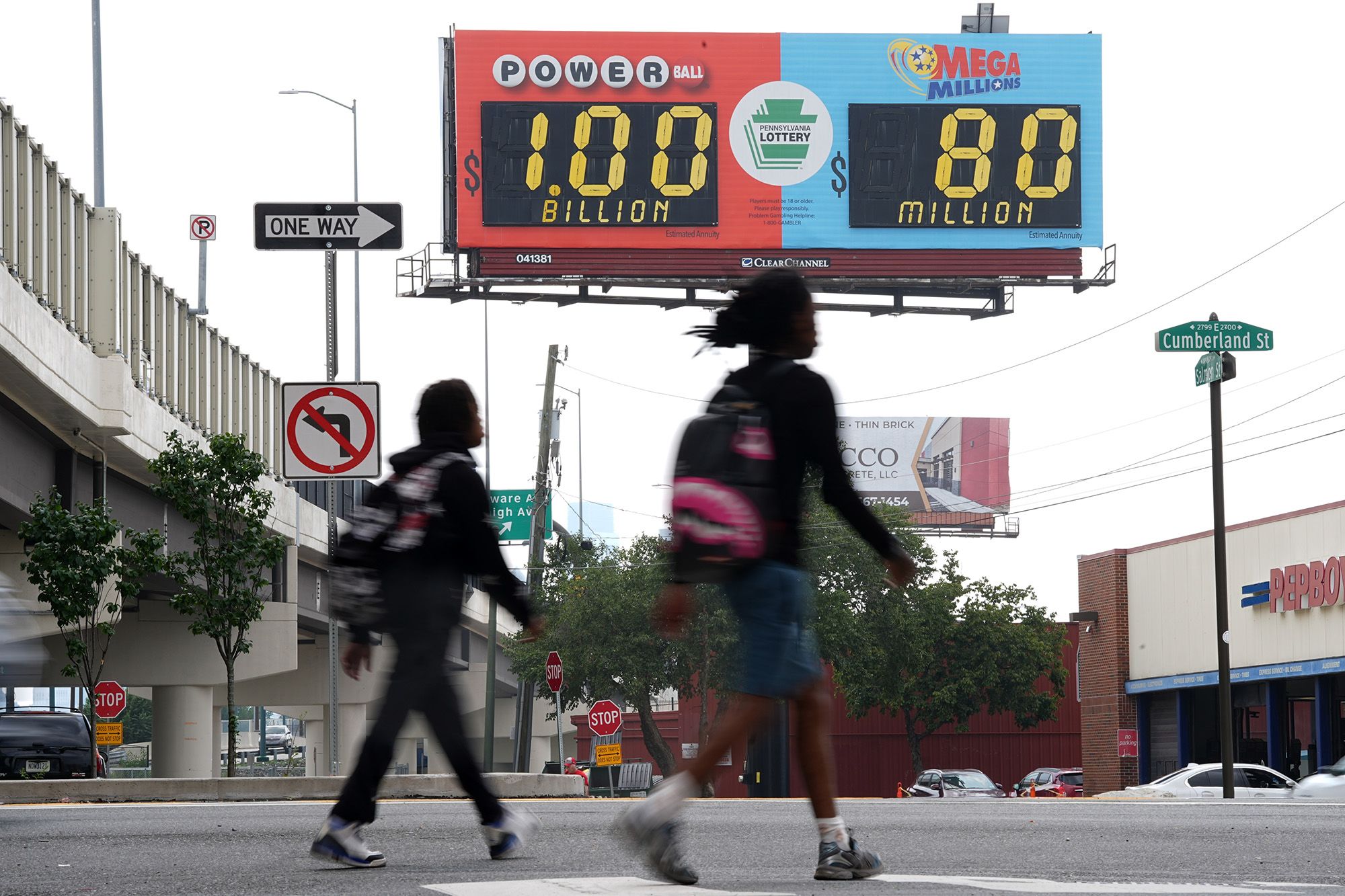 <i>Matt Rourke/AP Photo/Matt Rourke via CNN Newsource</i><br/>A billboard displays the estimated Powerball jackpot in Philadelphia on Tuesday