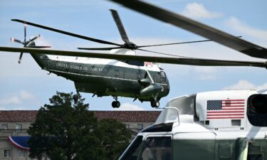 Marine One with US President Donald Trump on board departs from the Ellipse near the White House in Washington