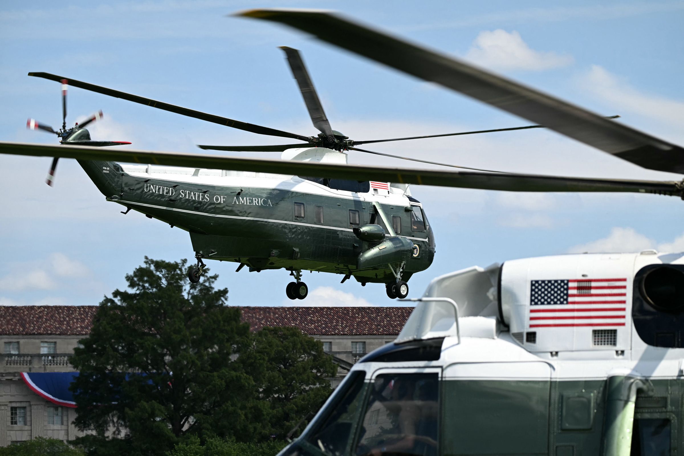 <i>Alex Wroblewski/AFP/Getty Images via CNN Newsource</i><br/>Marine One with US President Donald Trump on board departs from the Ellipse near the White House in Washington