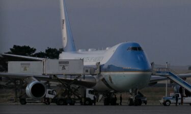This photograph shows an old VC-25A Air Force One parked on the tarmac prior to departure with President Trump from Ankara