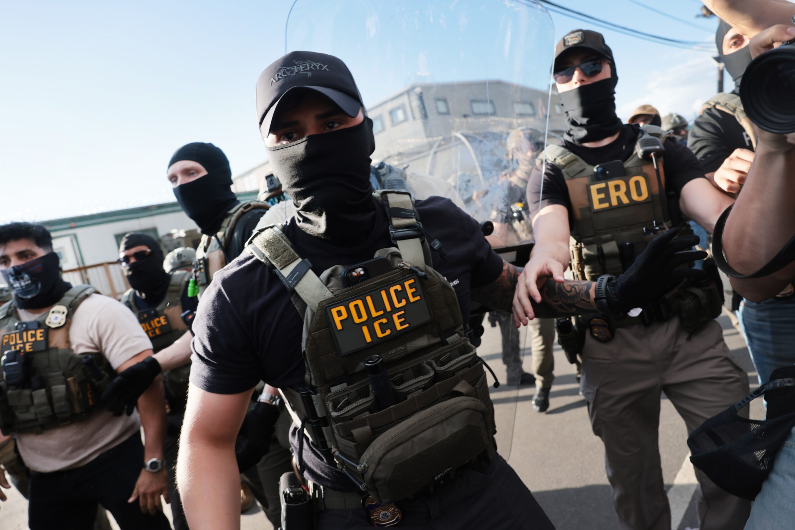 <i>Spencer Platt/Getty Images via CNN Newsource</i><br/>ICE agents clash with protesters outside the federal immigration center at Delaney Hall in Newark