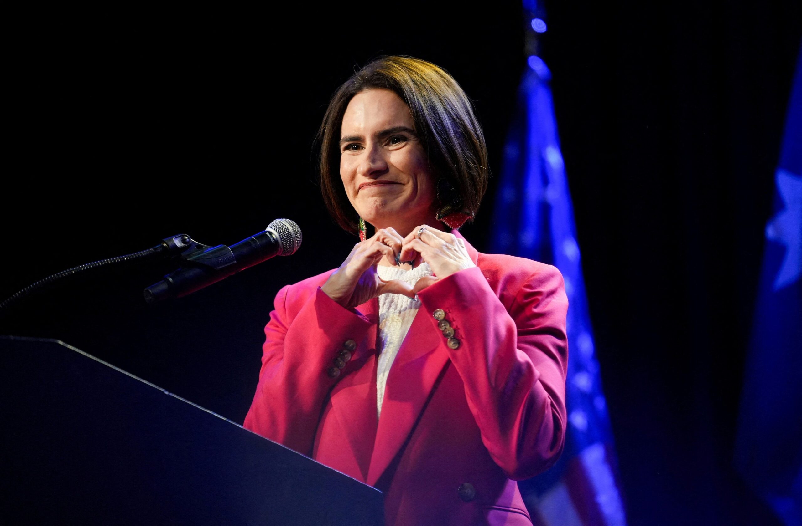 <i>Nam Y. Huh/AP via CNN Newsource</i><br/>Democratic gubernatorial candidate Francesca Hong speaks during a primary election night watch party in Madison