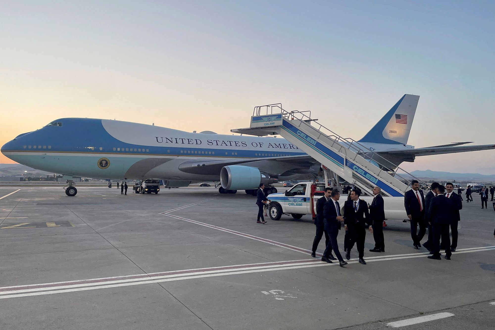 <i>Reuters via CNN Newsource</i><br/>A catering truck is parked on the other side of Air Force One