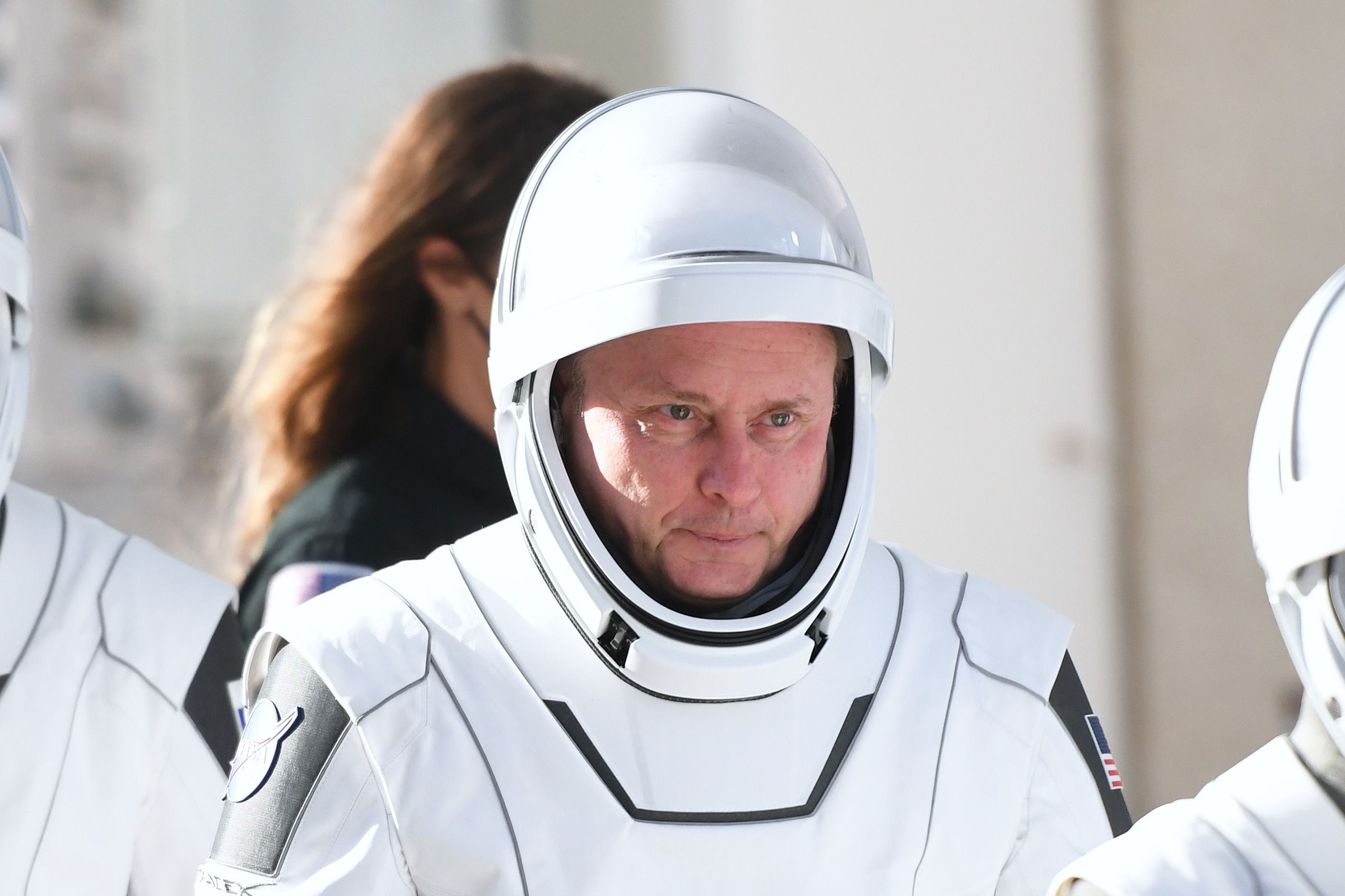 <i>Paul Hennessy/Anadolu/Getty Images via CNN Newsource</i><br/>NASA astronaut Mike Fincke steps out of the Neil A. Armstrong Operations and Checkout Building at the Kennedy Space Center in Florida before launch on August 1