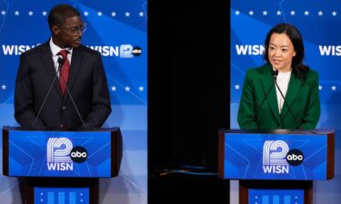 Crowley listens as fellow Democratic gubernatorial candidate Francesca Hong speaks during a primary debate in Milwaukee