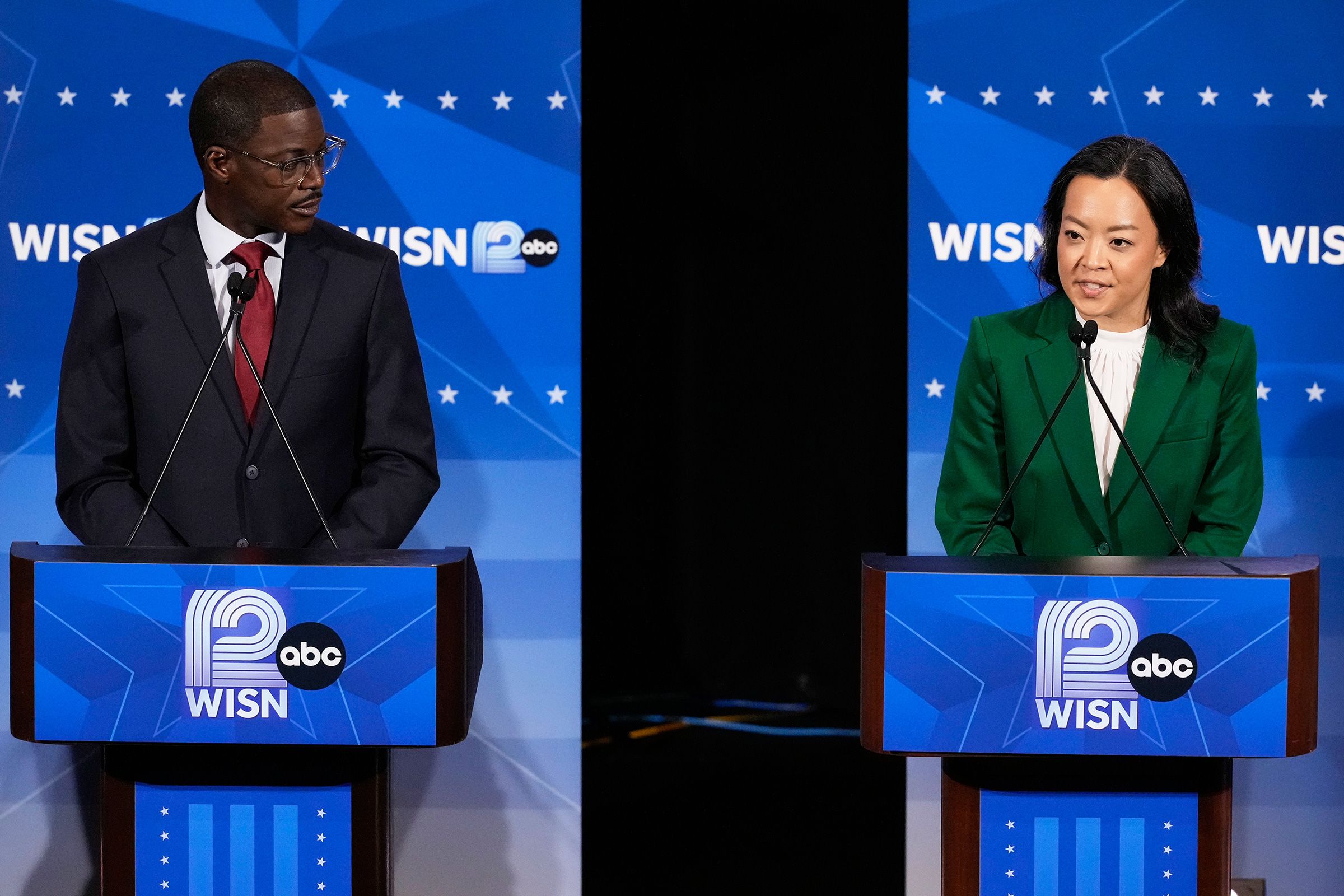 <i>Nam Y. Huh/AP via CNN Newsource</i><br/>Crowley listens as fellow Democratic gubernatorial candidate Francesca Hong speaks during a primary debate in Milwaukee