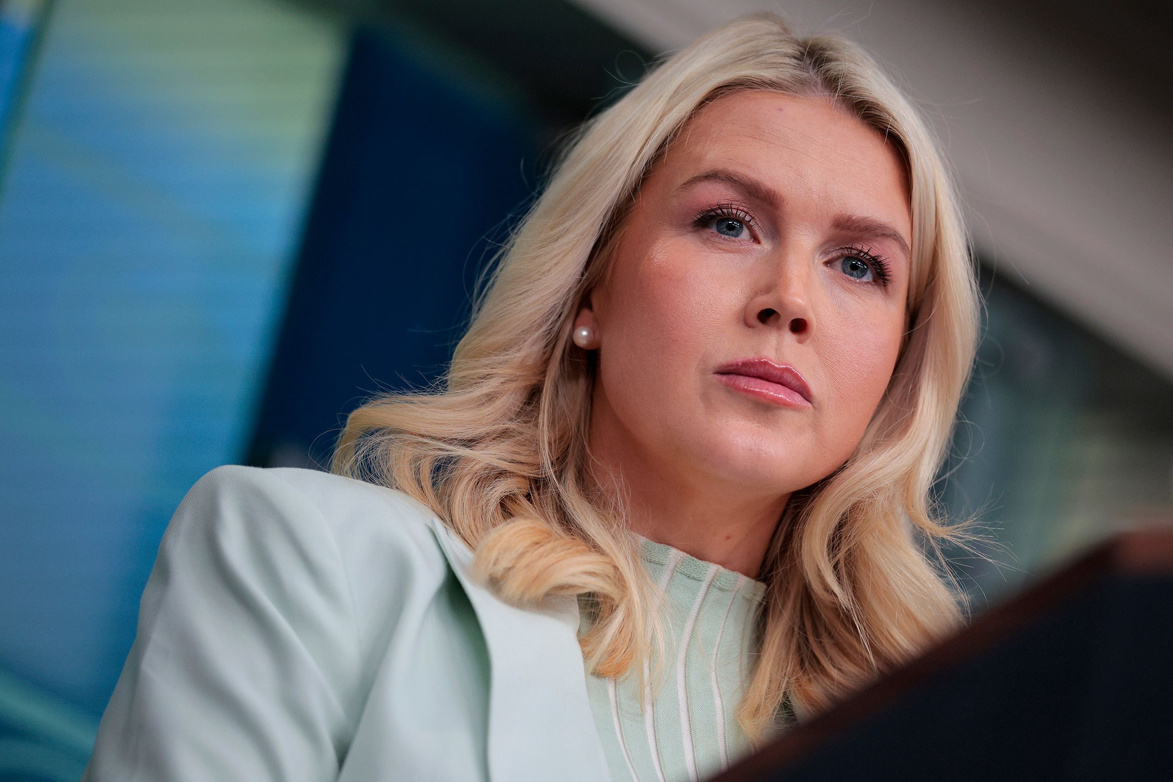 <i>Chip Somodevilla/Getty Images/File via CNN Newsource</i><br/>White House Press Secretary Karoline Leavitt takes questions during a news briefing in the James S. Brady Press Briefing Room of the White House on March 25.