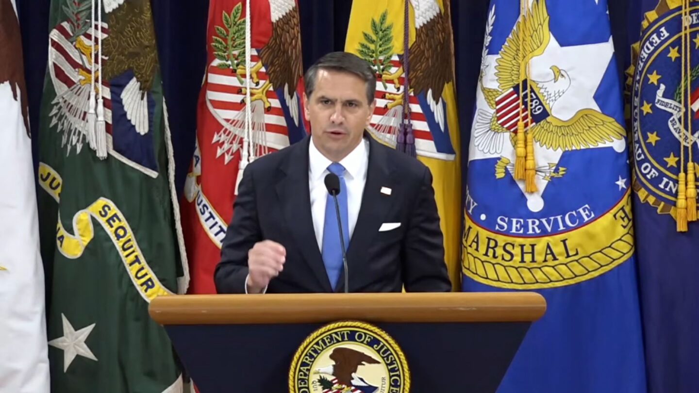 <i>DOJ via CNN Newsource</i><br/>Attorney General Todd Blanche speaks during his first address to the DOJ workforce in the position in Washington