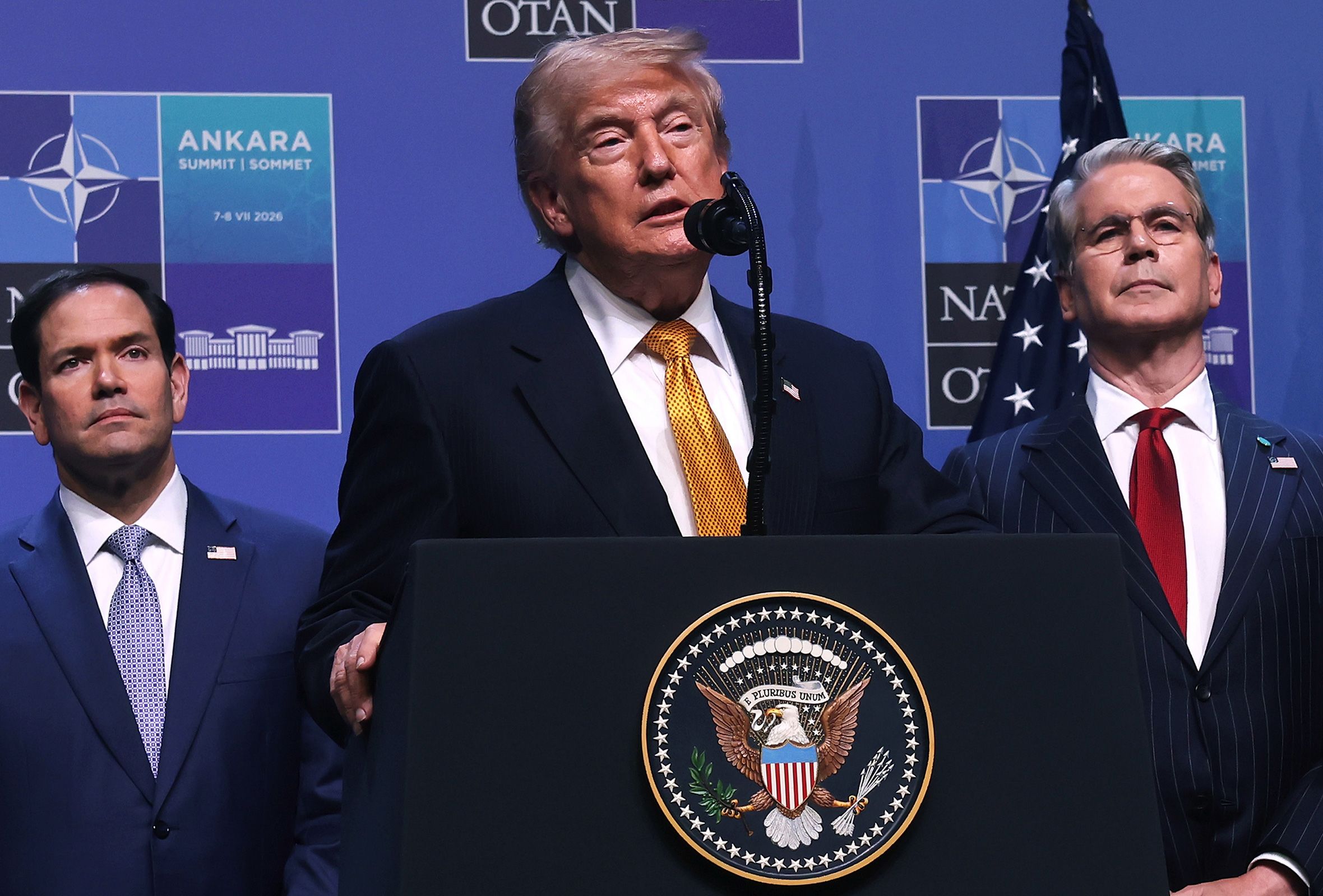 <i>Saul Loeb/AFP/Getty Images via CNN Newsource</i><br/>President Donald Trump speaks with the media aboard Air Force One