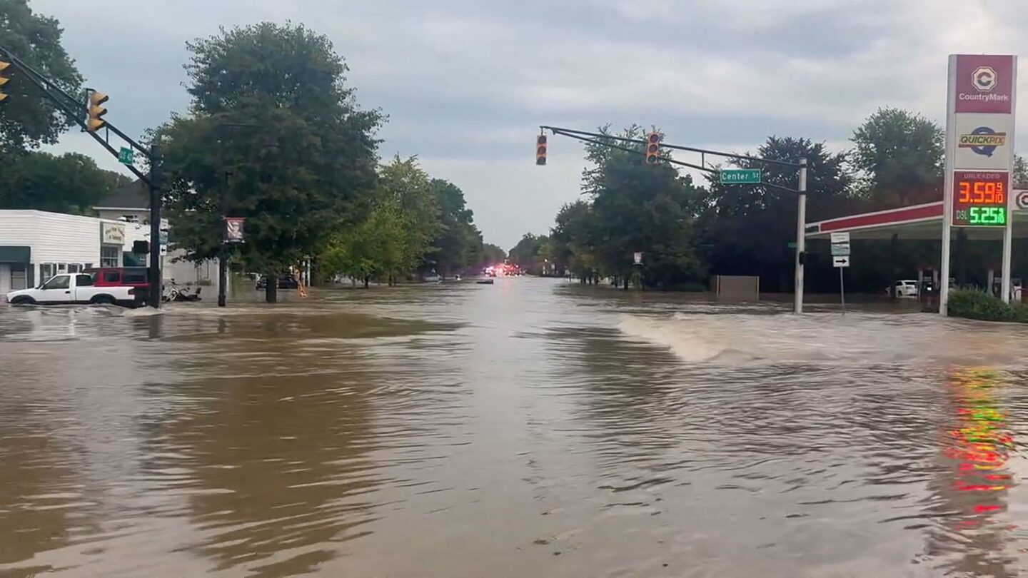 <i>CAMBRIDGE CITY INDIANA POLICE DE/Handout/via REUTERS via CNN Newsource</i><br/>A flooded road in Cambridge City