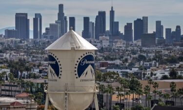 An aerial view of the Paramount logo on the water tower at Paramount Studios on February 23 in Los Angeles