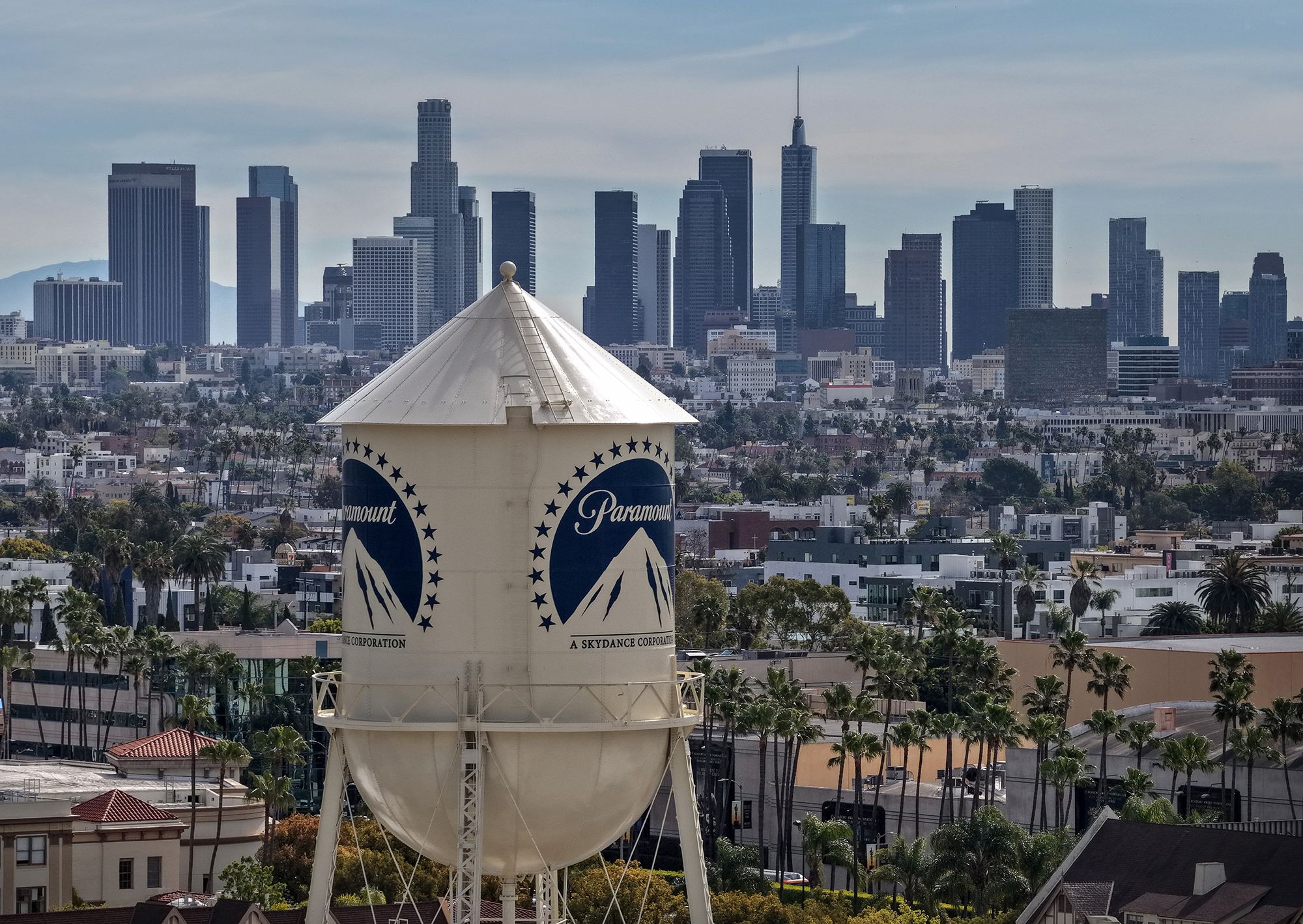 <i>Justin Sullivan/Getty Images via CNN Newsource</i><br/>An aerial view of the Paramount logo on the water tower at Paramount Studios on February 23 in Los Angeles