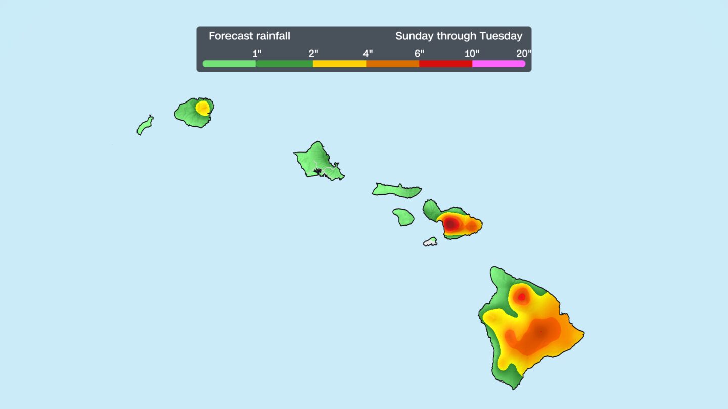 <i>CNN Weather via CNN Newsource</i><br/>Drenching rainfall is expected across Hawaii from early Sunday through Tuesday.