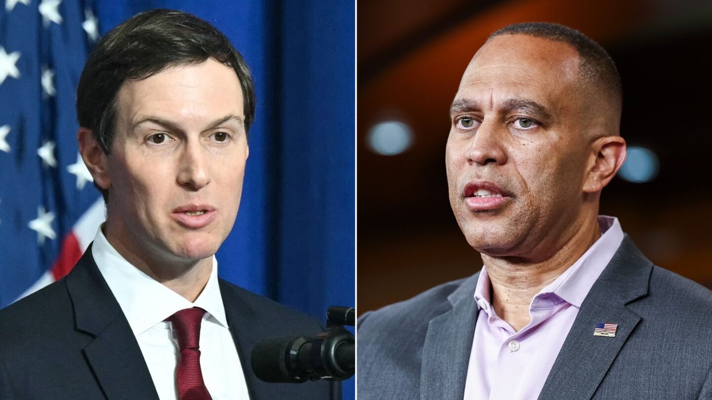 <i>Getty Images via CNN Newsource</i><br/>Jared Kushner and House Minority Leader Hakeem Jeffries.