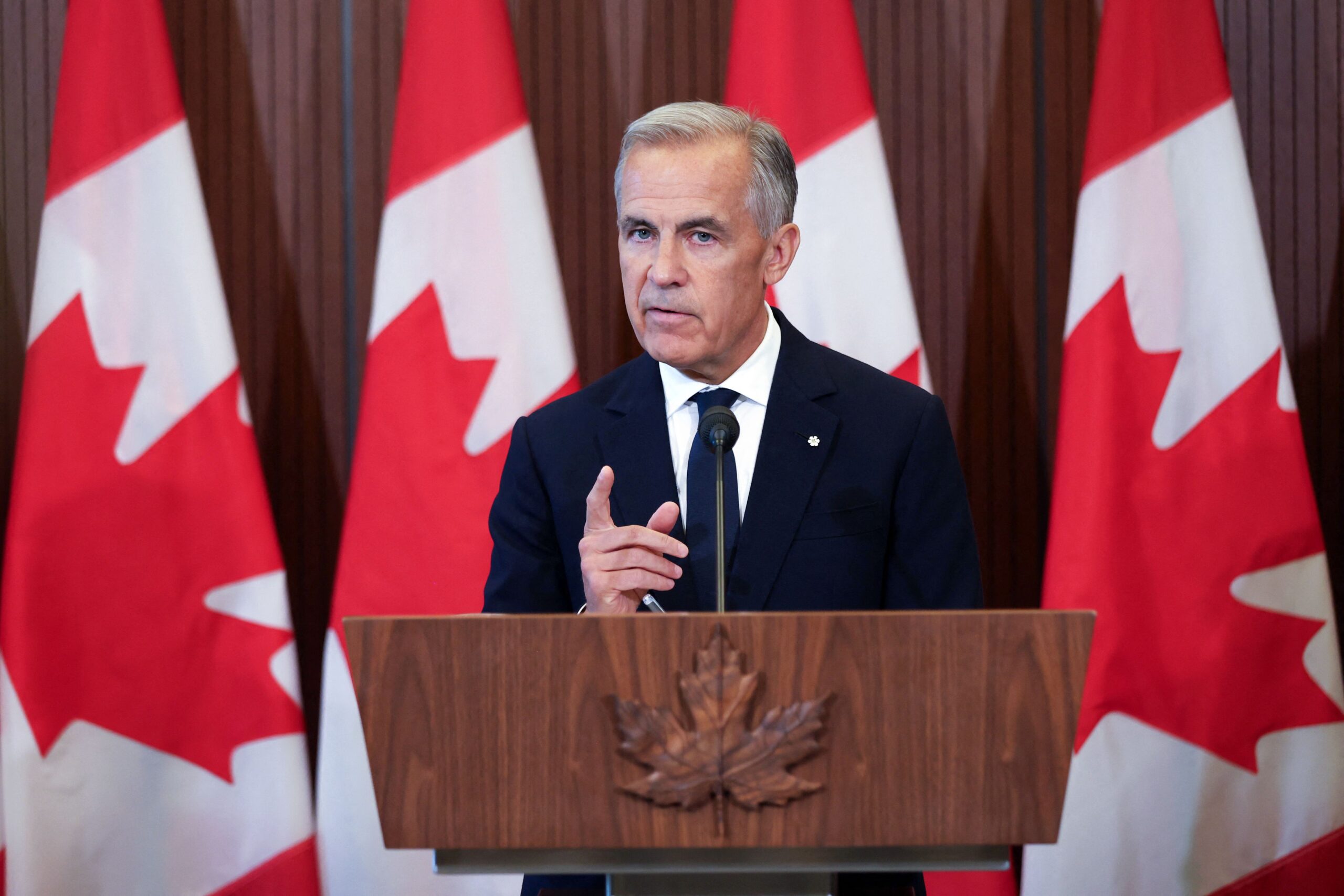 <i>Dave Chan/AFP/Getty Images via CNN Newsource</i><br/>Canadian Prime Minister Mark Carney speaks at a press conference in Ottawa