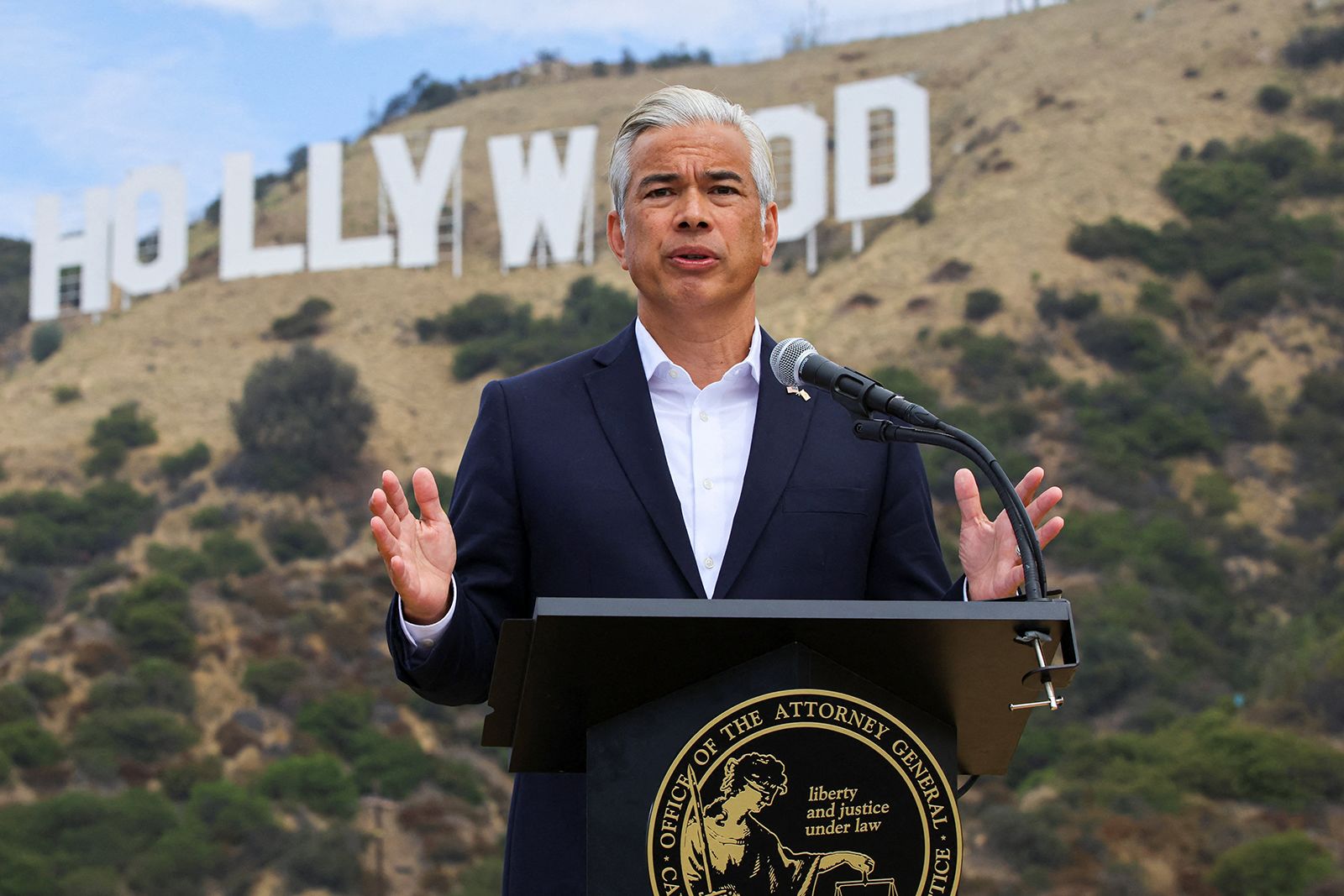 <i>Daniel Cole/Reuters via CNN Newsource</i><br/>California Attorney General Rob Bonta announcing the state will sue to block Paramount's acquisition of Warner Bros. Discovery in California
