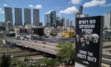 A drone view of an election billboard by Benjamin Netanyahu's Likud Party depicting Iran's Supreme Leader Mojtaba Khamenei