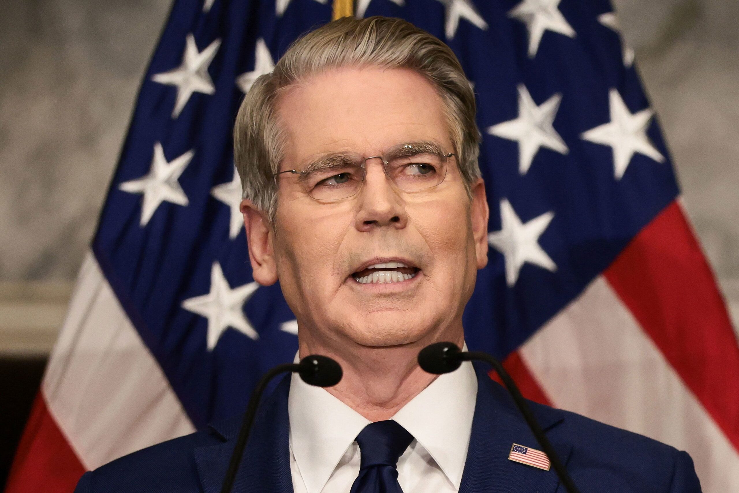 <i>Evelyn Hockstein/Reuters via CNN Newsource</i><br/>US reasury Secretary Scott Bessent speaks during a press conference to outline further sanctions against Iran