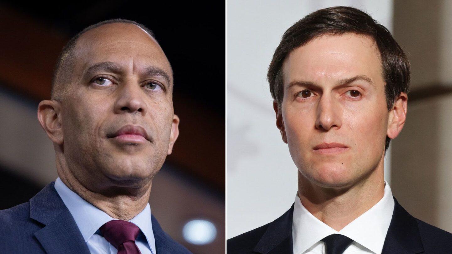 <i>Getty Images via CNN Newsource</i><br/>House Minority Leader Hakeem Jeffries and Jared Kushner are pictured here.