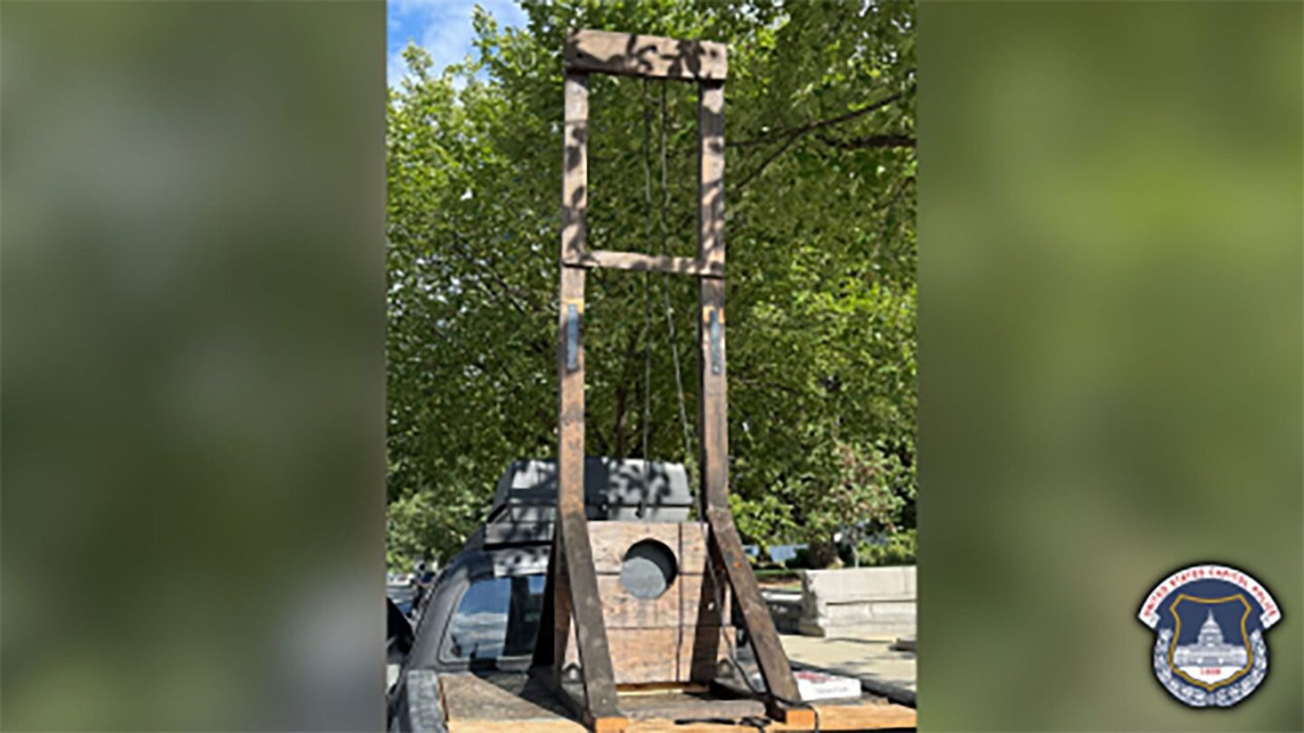 <i>United States Capitol Police via CNN Newsource</i><br/>A photo released by the US Capitol Police shows a guillotine that was seized in Washington