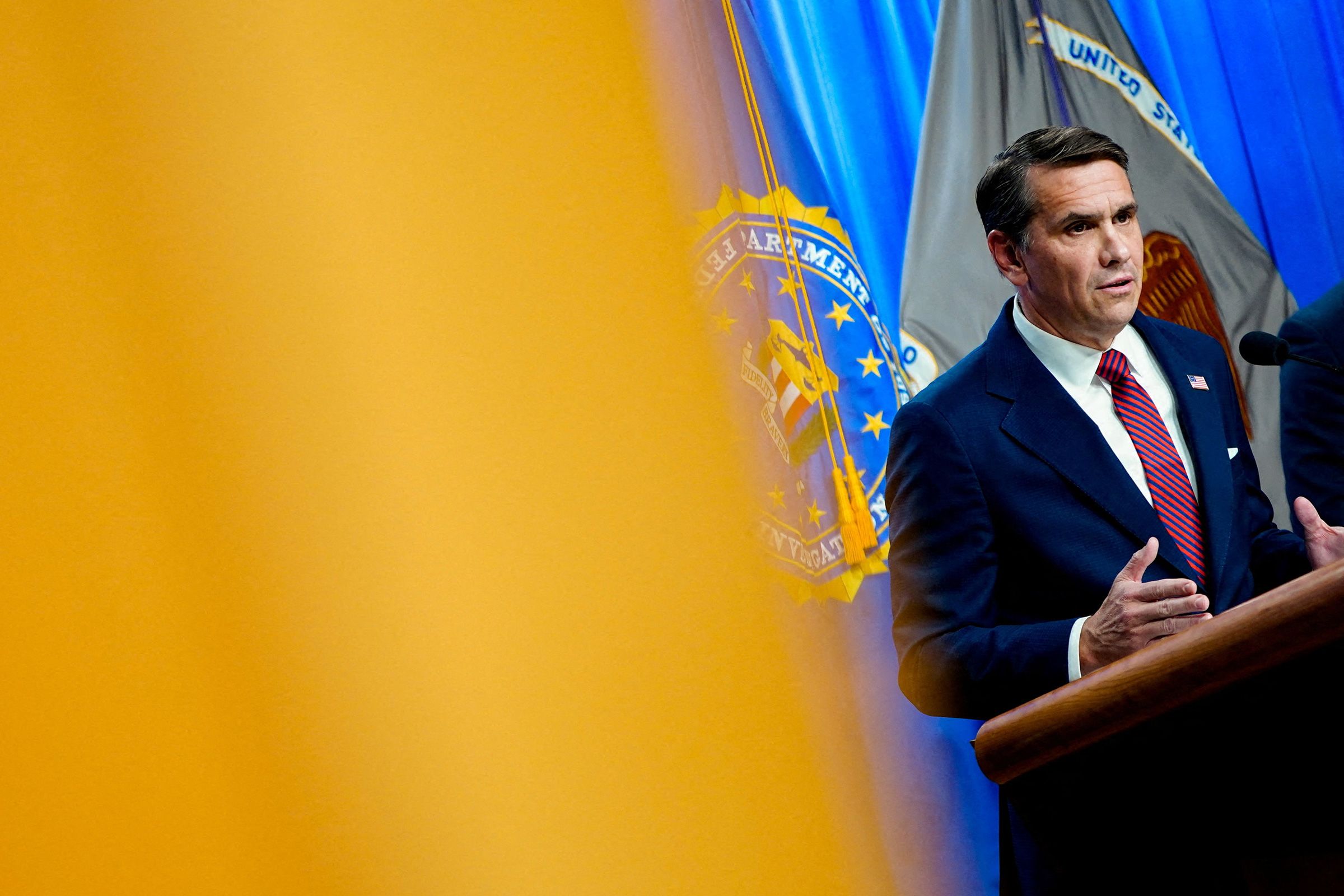 <i>Nathan Howard/Reuters via CNN Newsource</i><br/>Todd Blanche announces a second indictment of former FBI Director James Comey during a press conference at the Justice Department in Washington