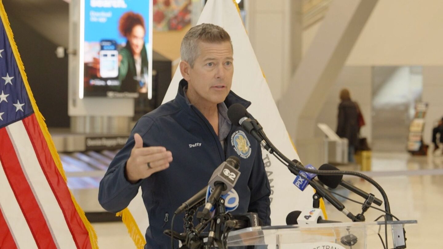 <i>CNN via CNN Newsource</i><br/>Transportation Secretary Sean Duffy speaks at a press event at Newark Liberty International Airport.