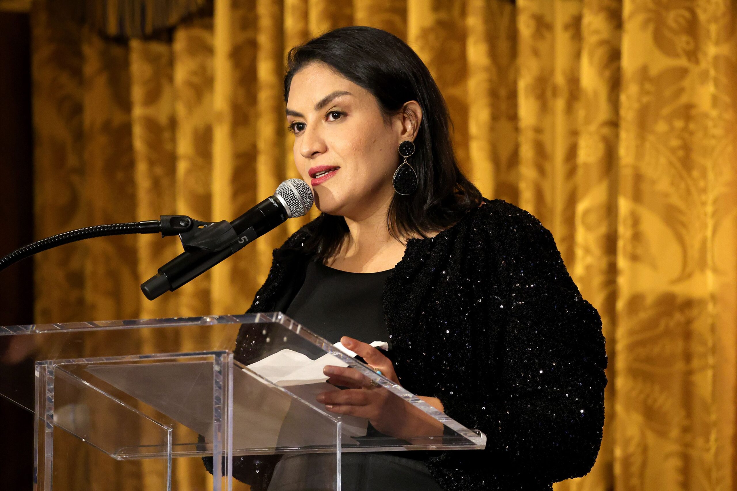 <i>Kevin Mazur/Getty Images/IWMF via CNN Newsource</i><br/>Yalda Moaiery speaks onstage during the IWMF Courage in Journalism Awards in Washington